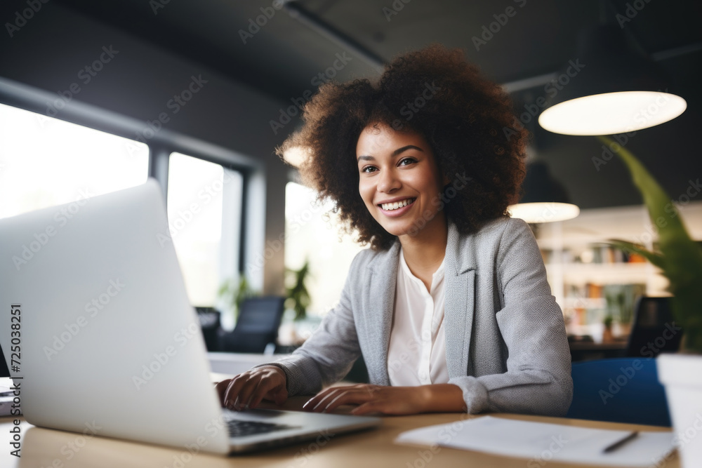 Poster a woman is depicted sitting in front of a laptop computer. this image can be used to illustrate tech