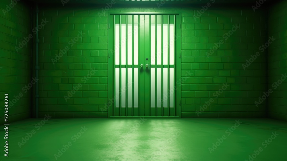 Aufkleber a jail cell with a green light shining through the bars. suitable for crime-related projects or conc