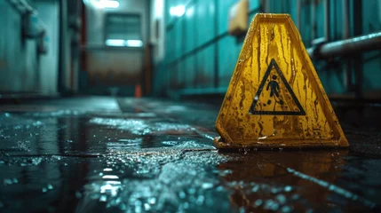 Foto op Aluminium A picture of a wet floor with a caution sign. Can be used to warn about slippery surfaces and the need for caution © Fotograf
