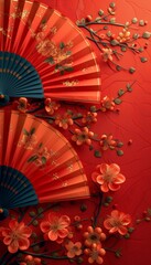 Chinese New Fan with decorative pattern on a red background. Chinese flowers. AI created.

