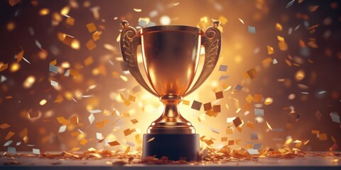 A golden trophy stands prominently in the center of the image, surrounded by a colorful shower of confetti. This picture captures the excitement and celebration of a victorious moment.