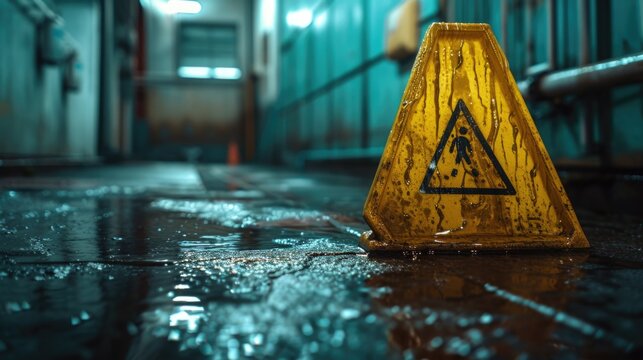 A picture of a wet floor with a caution sign. Can be used to warn about slippery surfaces and the need for caution