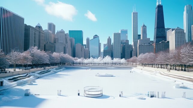 A view of a frozen lake in a city park. Perfect for winter-themed designs and nature illustrations