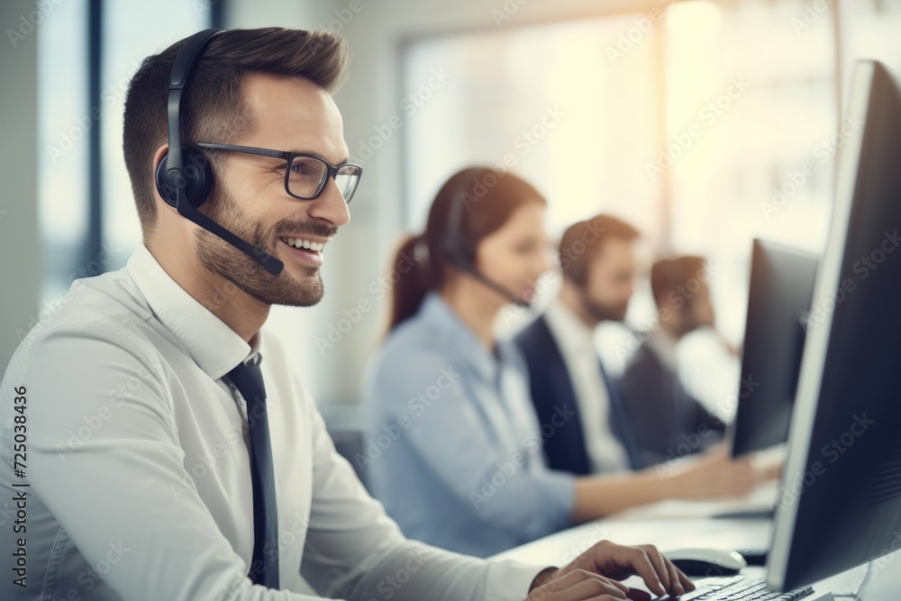 Poster A man wearing a headset sits in front of a computer. This image can be used to illustrate customer service, tech support, remote work, or online communication