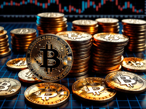 Bitcoin and others cripto coins with a blur chart for stock backgound 