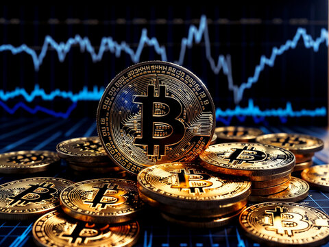 Bitcoin and others cripto coins with a blur chart for stock backgound 