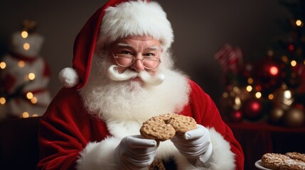 A man dressed as Santa Claus holding a cookie. Perfect for holiday-themed designs and Christmas promotions