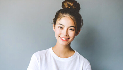 beautiful Asian woman with messy bun in casual tee smiling in a photo studio, 16:9 widescreen image