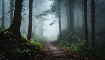 Obraz premium Perspective of path trail through the dark and foggy forrest