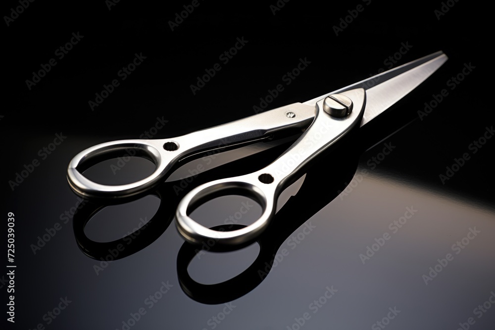 Poster A pair of scissors placed on a table. Can be used for various purposes