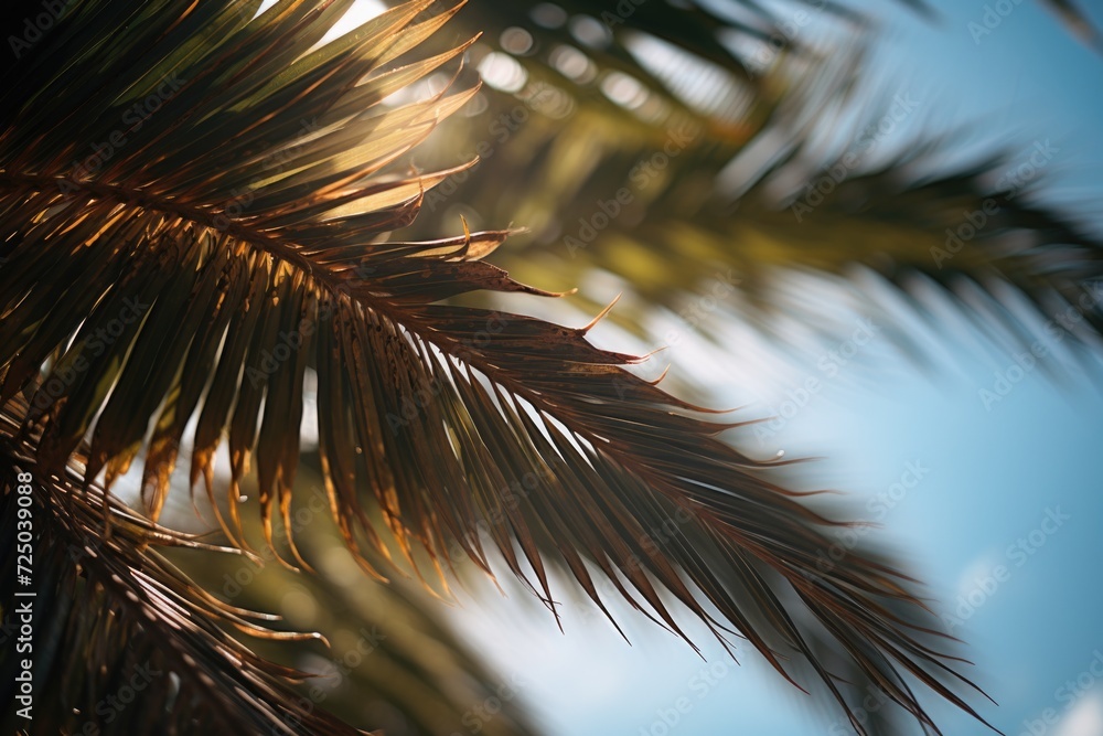 Poster A close up view of a palm tree with a vibrant blue sky in the background. This image can be used to showcase tropical landscapes or as a symbol of relaxation and vacation