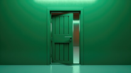 An open green door in a green room. Can be used to represent opportunities, new beginnings, or a sense of mystery. Perfect for interior design or real estate concepts