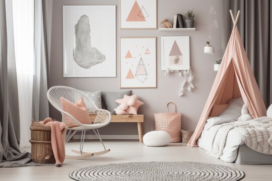 Grey interior of a child's bedroom with a mock up of a poster over the bed and a blanket on a rocking chair. actual picture