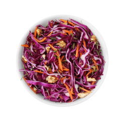 Tasty salad with red cabbage and walnuts in bowl isolated on white, top view