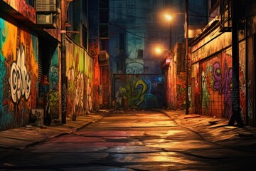 A picture of a dark alley with graffiti on the walls. This image can be used to depict urban decay...