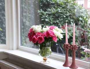 Vase with beautiful bouquet of roses and candles on windowsill indoors, space for text