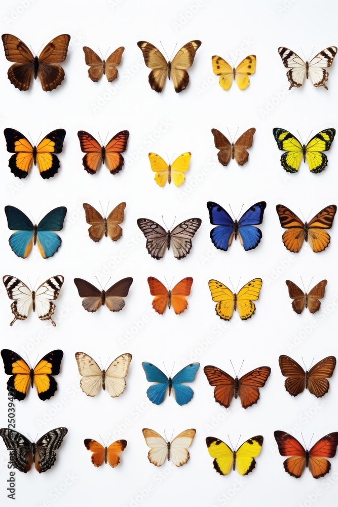 Poster a collection of butterflies arranged on a white surface. perfect for nature enthusiasts and those lo