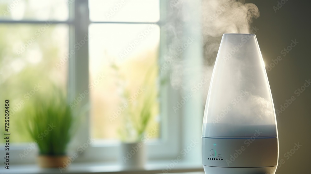 Poster A humidifier sits on top of a table next to a window. Ideal for creating a comfortable indoor environment