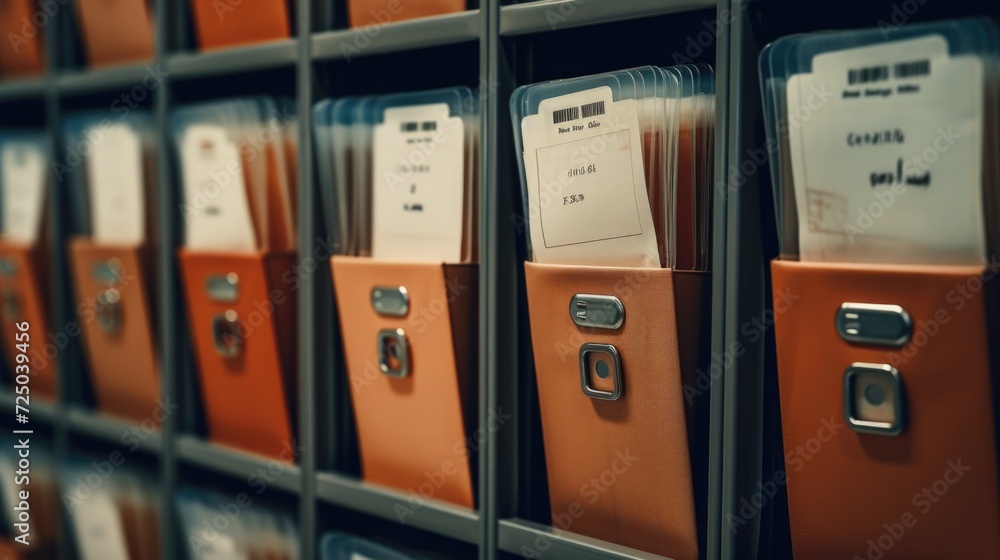 Poster A collection of folders neatly arranged on a shelf. Perfect for organizing documents and files