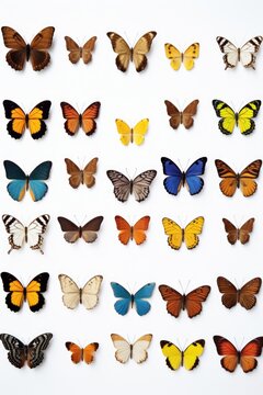 A collection of butterflies arranged on a white surface. Perfect for nature enthusiasts and those looking for vibrant and colorful imagery.