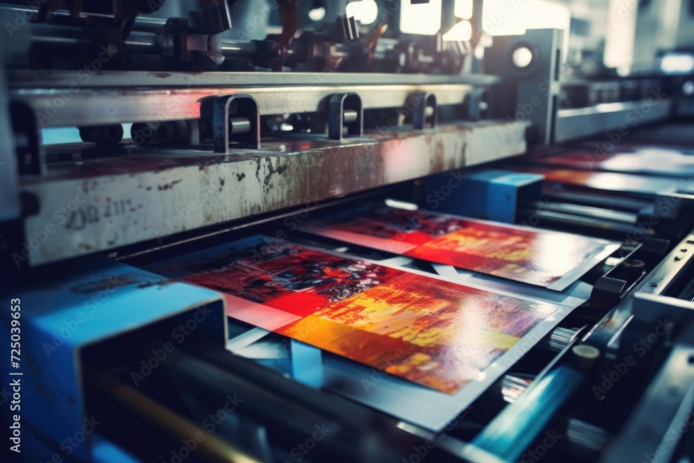Poster A man using a printing machine to print a picture. This image can be used to depict technology, printing, creativity, or graphic design