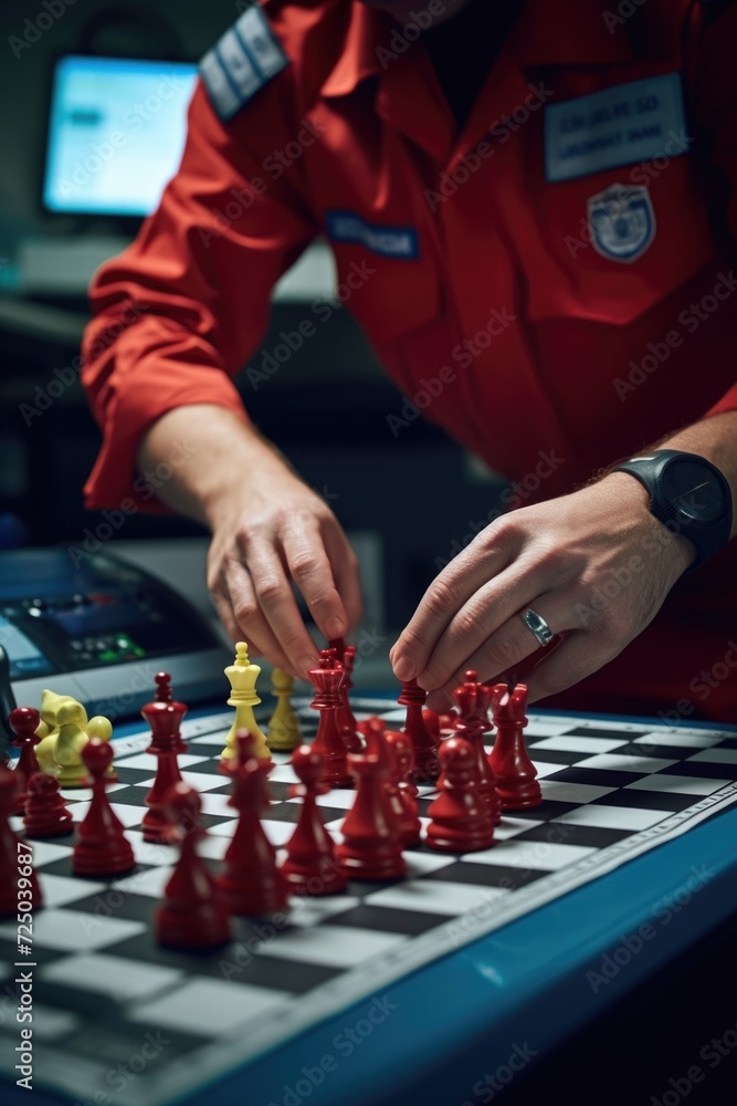 Poster A person engaged in a game of chess on a table. Suitable for illustrating strategic thinking and intellectual pursuits