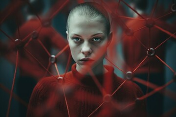 A woman wearing a red sweater stands confidently in front of a wire fence. This image can be used to portray strength, determination, or overcoming obstacles - obrazy, fototapety, plakaty