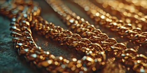 Gold necklace close-up on a table. Ideal for jewelry advertisements or fashion websites