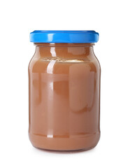 Baby food. Tasty healthy puree in jar isolated on white