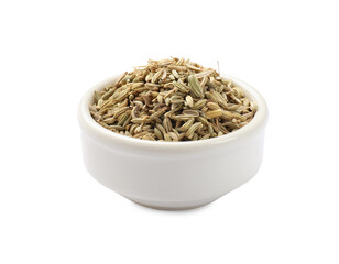 Dry fennel seeds in bowl isolated on white