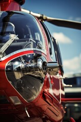 A close-up view of a red helicopter on a runway. Suitable for aviation, transportation, or travel-related projects