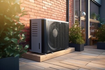 An air conditioner mounted on the side of a building. Suitable for use in commercial or residential settings
