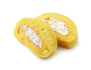 Delicious cake roll with cream filling isolated on white