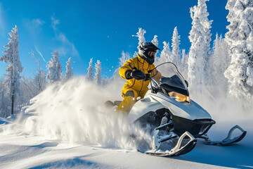 Man in yellow tracksuit driving snowmobile in the snowy forest in Lapland, Finland - 725039846