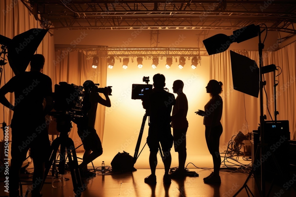 Poster a group of individuals standing together in front of a camera, ready to be photographed. suitable fo
