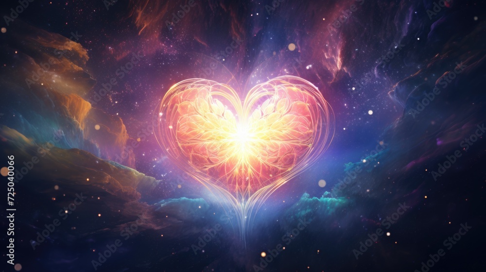 Poster A heart shaped object is depicted in the midst of a vibrant galaxy. This image can be used to convey love and affection in a cosmic setting