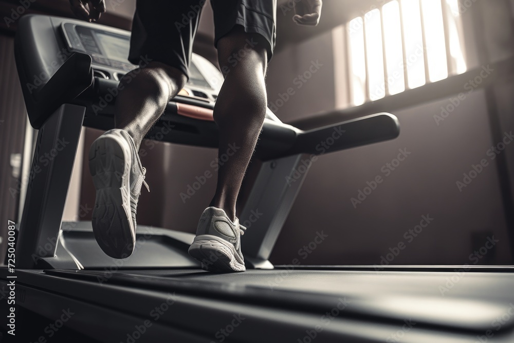 Poster a close-up view of a person walking on a treadmill. suitable for fitness and exercise concepts