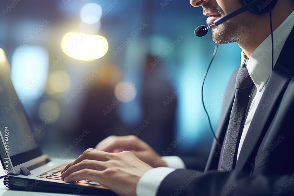 Poster A man wearing a headset using a laptop computer. Suitable for technology and communication concepts