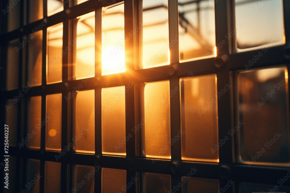 Poster Sun setting through a window with bars. Suitable for concepts related to freedom, confinement, and hope. Can be used in various design projects