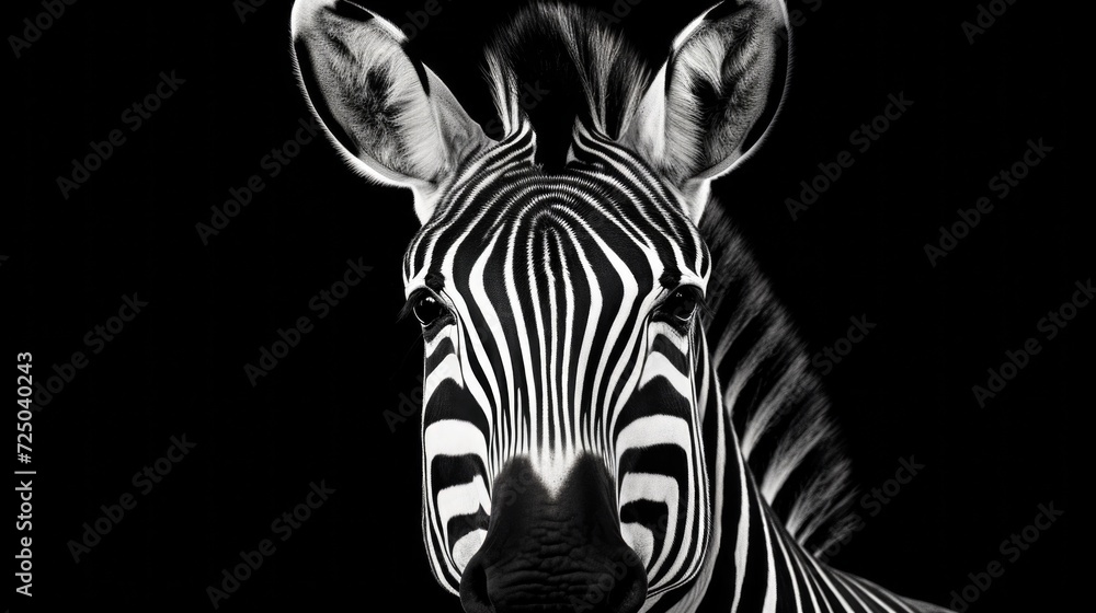 Poster a black and white photo of a zebra. suitable for various uses