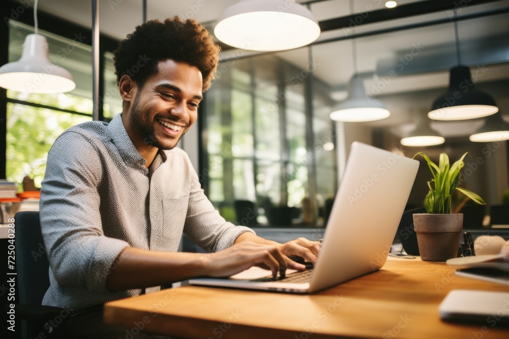 Poster A man sitting at a table using a laptop computer. This image can be used to illustrate technology, work, or online communication