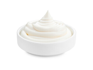 Fototapeta na wymiar Fresh mayonnaise sauce in bowl isolated on white