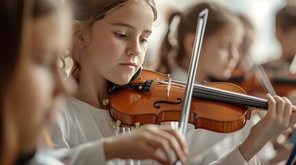 Children at music class playing violin, the harmony of a music class, with students playing instruments. - obrazy, fototapety, plakaty