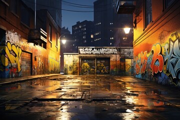 A wet street illuminated by streetlights with colorful graffiti painted on the walls. This image...
