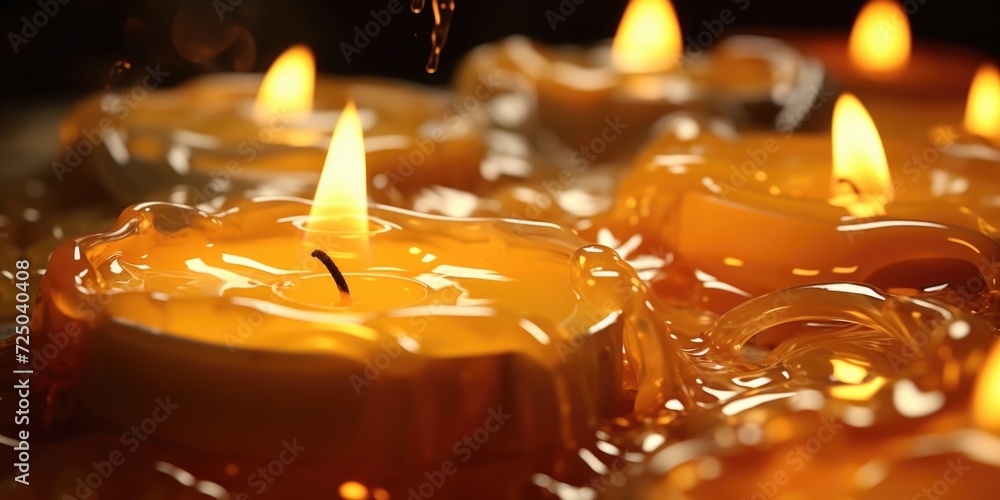 Poster a close-up view of a group of lit candles. this image can be used to create a peaceful and calming a