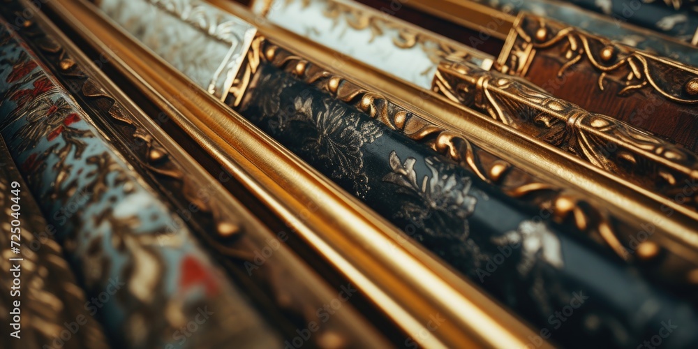 Poster A close-up view of a collection of ornate gold frames. Perfect for adding a touch of elegance to any space