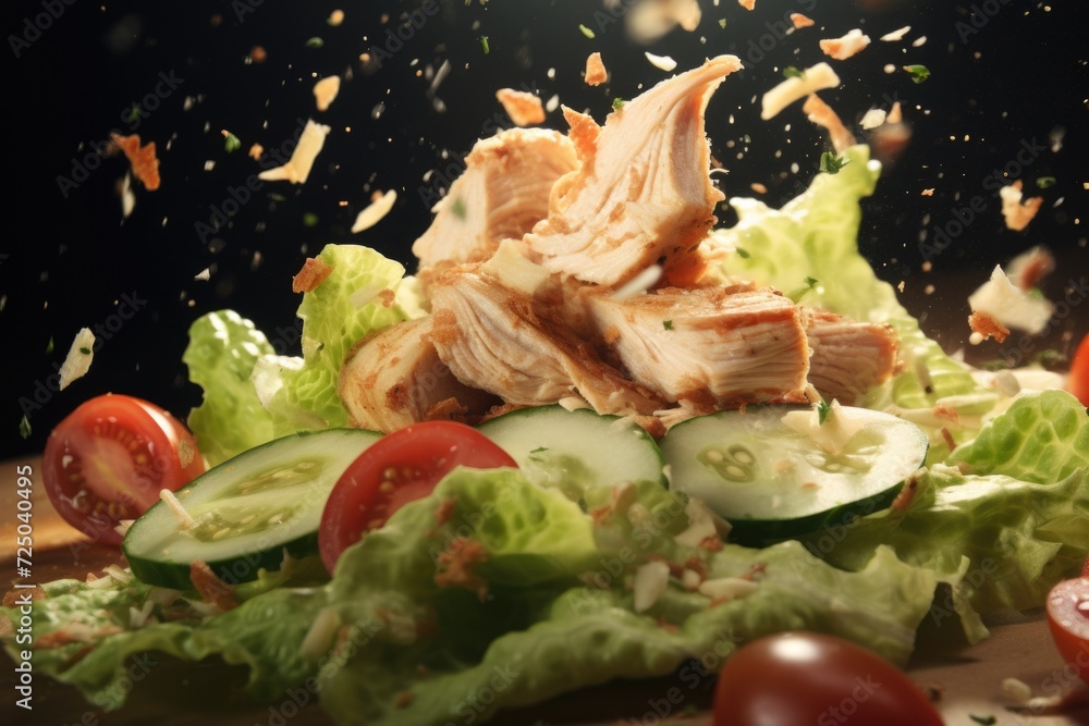 Poster a close-up view of a fresh salad consisting of lettuce and tomatoes. perfect for healthy eating and 