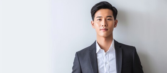 Portrait of a successful Asian male manager in formal attire posing confidently with a suit jacket on a white wall background. - obrazy, fototapety, plakaty