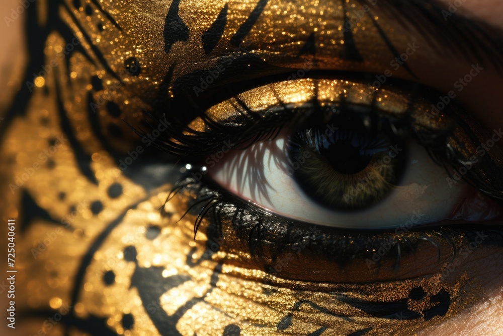 Poster a detailed close-up of a person's eye with gold paint applied. this image can be used to represent c