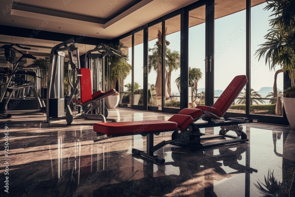 Poster A gym room with a red bench and a large window. Ideal for fitness and exercise concepts